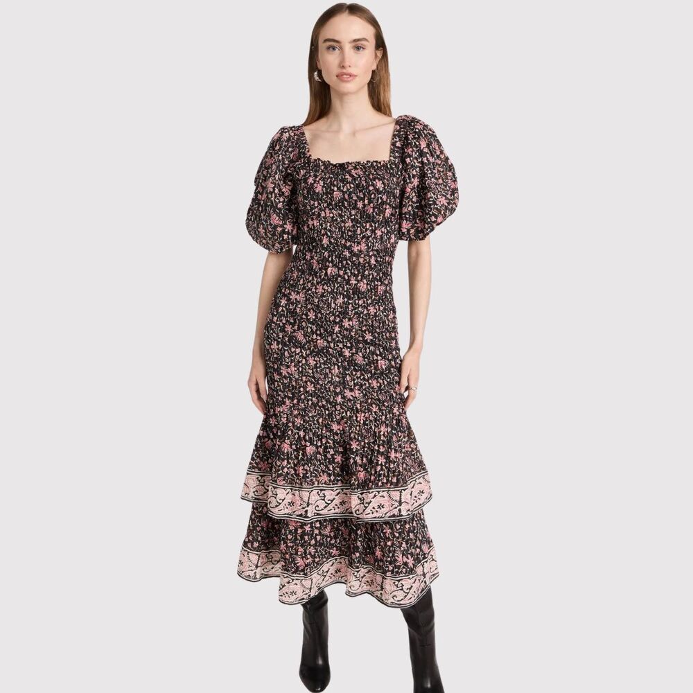 Cleobella Maxi Dress Black Adelyn Ankle Floral Square Neck Puffed Smocked XS